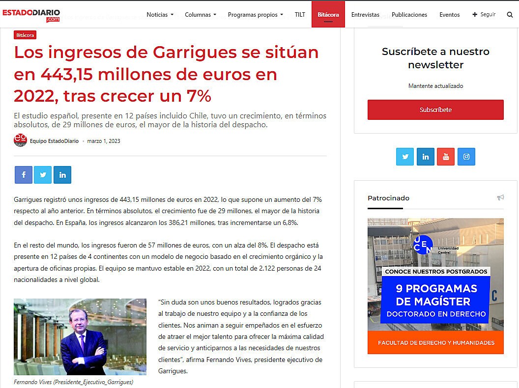Los ingresos de Garrigues se sitan en 443,15 millones de euros en 2022, tras crecer un 7%